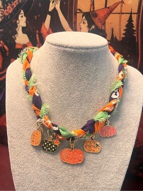 Festive Halloween Braided Bandana Pumpkin Charm Necklace, Orange, Green, Purple
